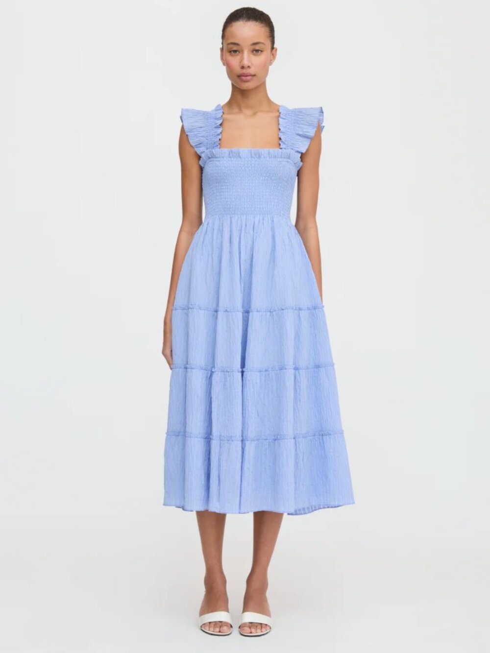 Hill House cotton midi tiered, ruffles blue shirred Dress Sz XS sweep